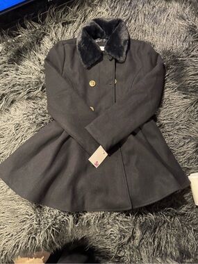 SO Girls' Black Peacoat with Removable Faux Fur Collar